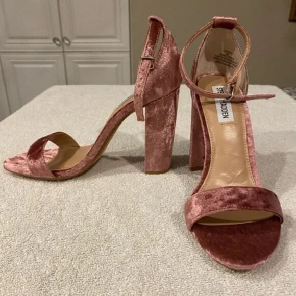 NWOT STEVE MADDEN Size 8 Pink Velvet Open Toe High Chunky Heel with Ankle Strap - Picture 6 of 7
